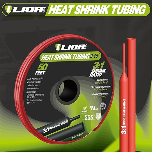 Heat Shrink Tubing 50 Feet Roll, 3:1 Ratio Adhesive Lined Marine Grade Shrink Wrap Tubing,Industrial Heat Shrink Tube Electrical(1, Red, 50ft-Dia-3/16")