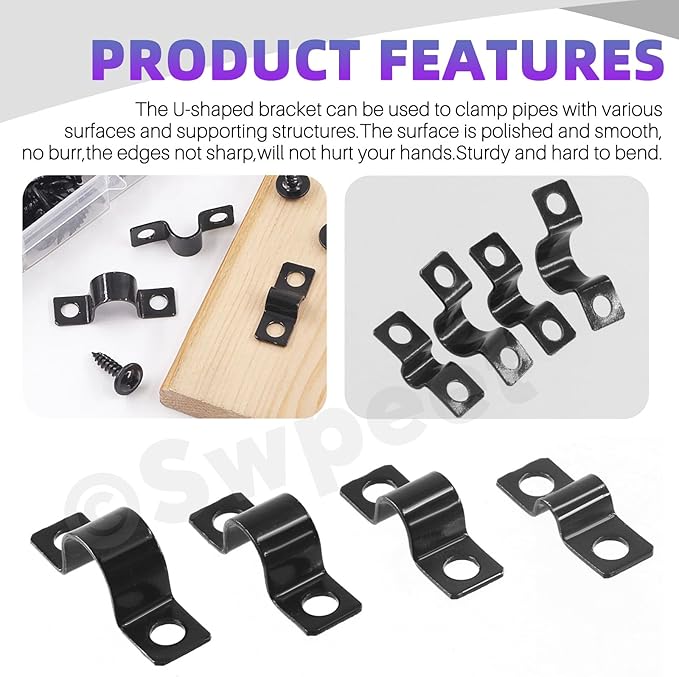 Swpeet 120Pcs 4 Sizes 5mm 8mm 10mm 12mm Two Hole U Bracket Clamp with Screws Assortment Kit, U-Clamps, Metal Pipe Clamps, Pipe Strap Clamps, Conduit, Tension Clips for Fixing Pipe or Cable