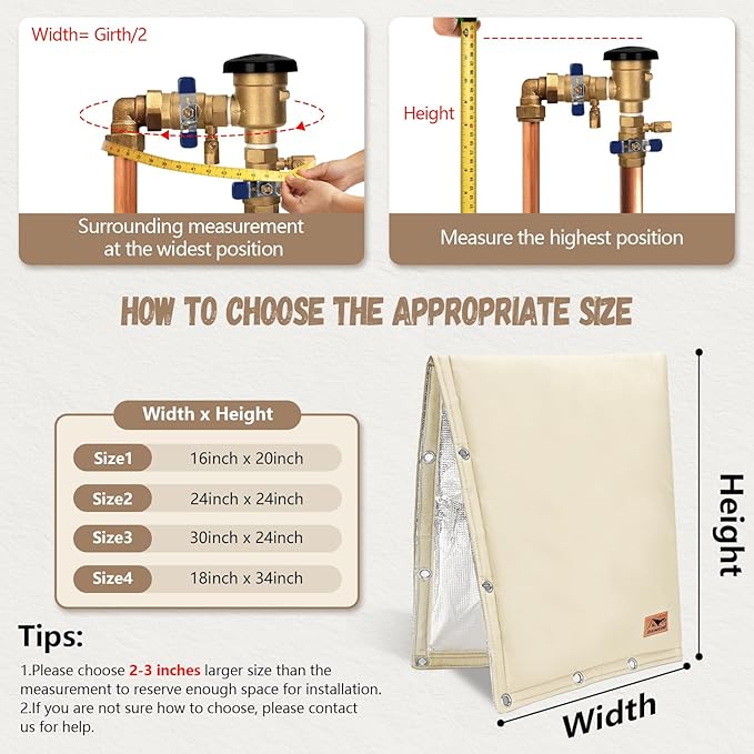 Backflow Preventer Insulation Cover - 2 Way Opening Pipe Insulation Cover for Irrigation Valve, Sprinkler Cover for Outside - Winter Freeze Protection Backflow Cover - 18" W x 34" H, Beige