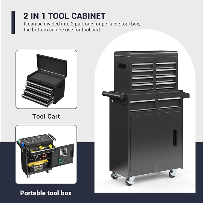 5-Drawer Tool Chest, Rolling Tool Box Organizer with Enhanced Packaging, Lockable Wheels, Detachable Top Tool Box, Metal Tool Storage Cabinet for Garage Workshop, Black