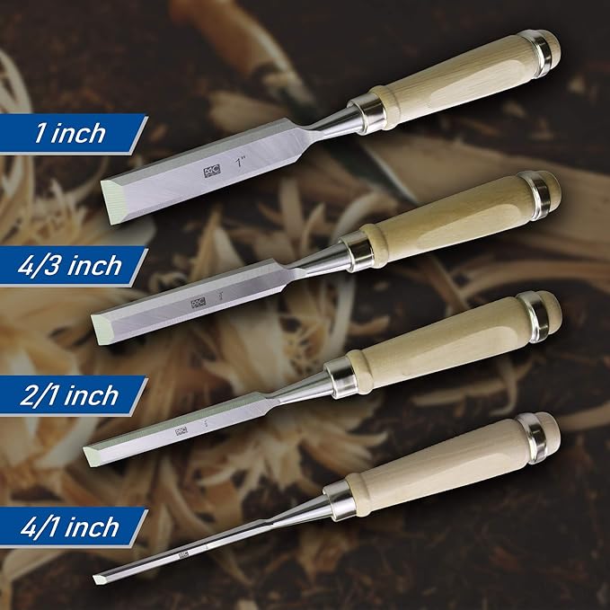 Woodworking 4 PC Wood Chisel Set Chrome-Vanadium Steel with Hornbeam Handles for Carpentry, Woodworking, Carving, Craftsman, 1/4 inch,1/2 inch,3/4 inch, 1 inch