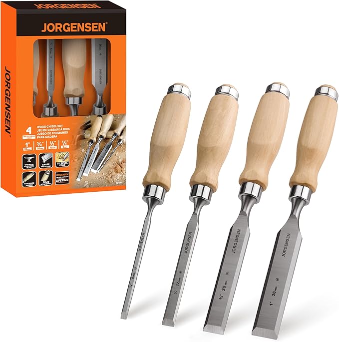 Jorgensen 4-Piece Wood Chisel Set, Chromium Alloy Steel Beveled Edge Wood Chisels, Wood Chisels for Woodworking, Ergonomic Hardwood Handle with Metal Ferrule, 1/4", 1/2", 3/4", 1"
