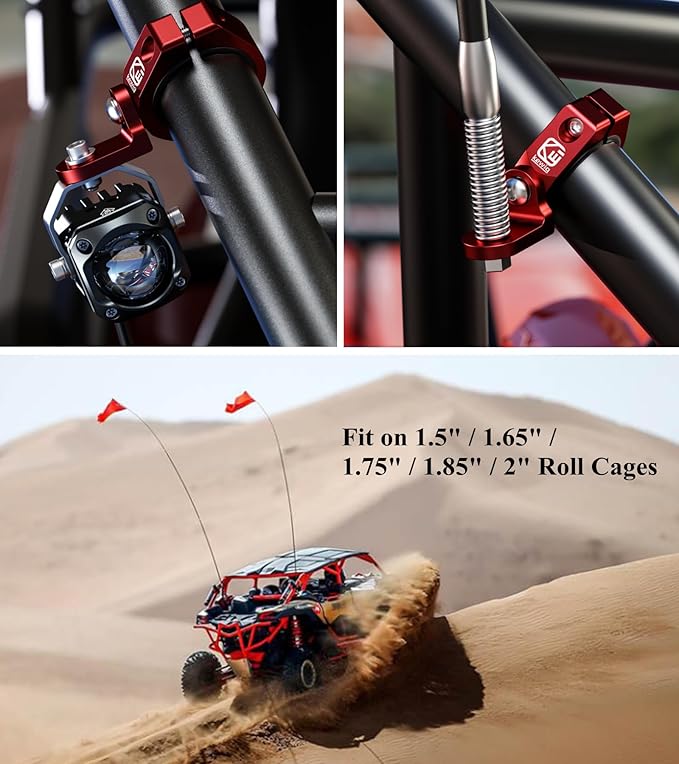 BRCOVAN 2PCS Whip Light Mount, Solid Aluminum Alloy UTV Flag Mounts, Off-Road LED Light Bar Mounting Bracket, Heavy Duty Roll Cage Clamp Holder Fit 1.5''/1.65'' /1.75''/1.85''/2'' Bars