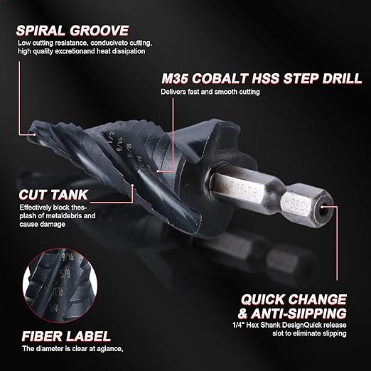 Step Drill Bits M35 Four Spirl Flute Cobalt Step Drill Bits Set 3/16"-1/2" （6 Sizes ） Wear-Resistant TiAlN Coated,1/4" Hex Shank Drill for Metal, Stainless Steel, Aluminum, Plastic