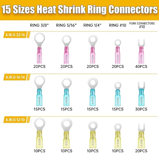 270PCS Marine Grade Heat Shrink Wire Connectors-Electrical Connectors Kit of Tinned Red Copper,Crimp Insulated Ring Fork Spade Butt Splice AWG22-16 16-14 12-10 Gauge (270Pcs Kit, AWG 22-10)