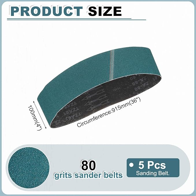 HARFINGTON 4 x 36 Inch Sanding Belts, 5 Pcs 80 Grit Zirconia Abrasive Belt Sander File Belt for Woodworking, Metal Polishing, Knife Sharpener