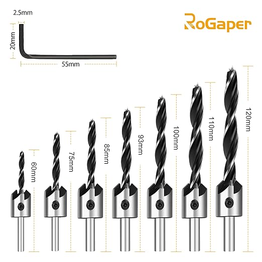 Countersink Drill Bit Set, 7Pcs Sinker Drill Bits M2 HSS, with 1/4" Standard Shank and Allen Wrench, Counter Sink Bit for Woodworking and Carpentry, Pilot Screw Hole Set