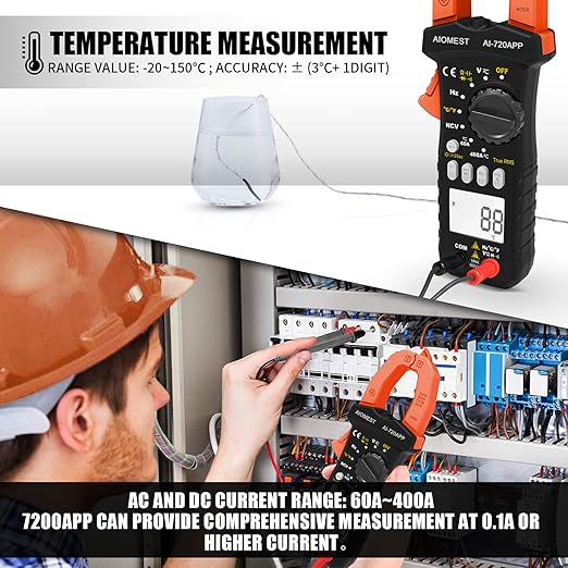 AIOMEST Bluetooth Digital Multimeter, AI-7200APP TRMS 6000 Counts Clamp-on Meter for AC DC Current Voltage Resistance Capacitance Hz Temp Diode Continuity Buzzer with Lamp NCV