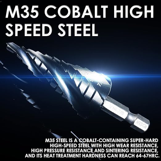 M35 Cobalt Step Drill Bit, Four Spiral Flute Unibit Step Drill Bit (3/16"-7/8") Wear-Resistant TiAlN Coated, 1/4" Hex Shank for Metal, Carbon Steel, Stainless Steel, Wood, Plastic (12 Size)