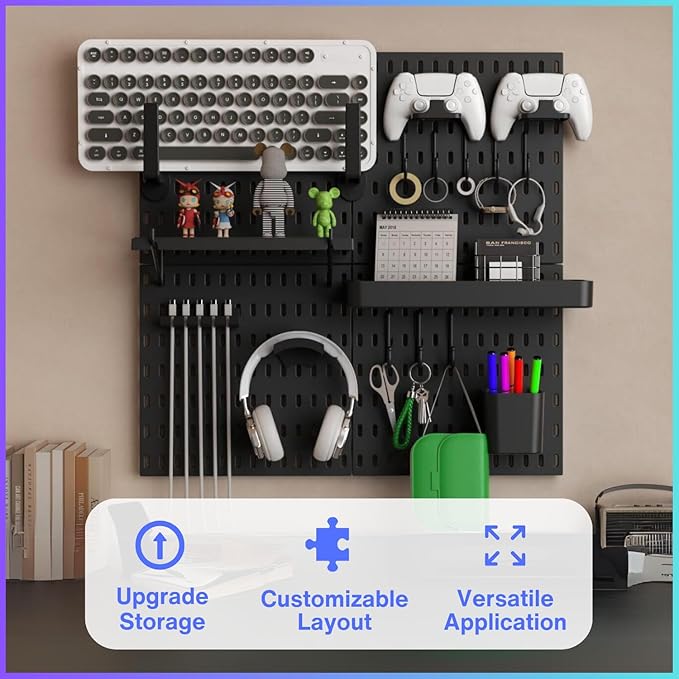 Keepo Pegboard Combination Kit, Pegboards and Accessories Modular Hanging for Gaming Setup, Gaming Station Peg Board, Gaming Organizer, Wall Game Controller Holder, Headset Stand, (Black, 22″×22″)