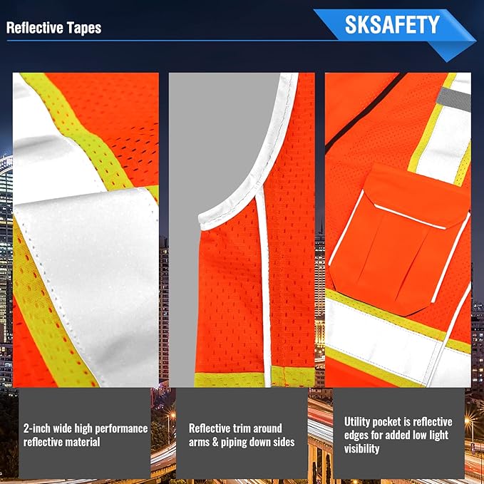 SKSAFETY Professional Class 2 High Visibility Safety Vest With Zipper - 10 Pockets, Reflective Strips, ANSI/ISEA Standard, Construction Work (Orange, L)