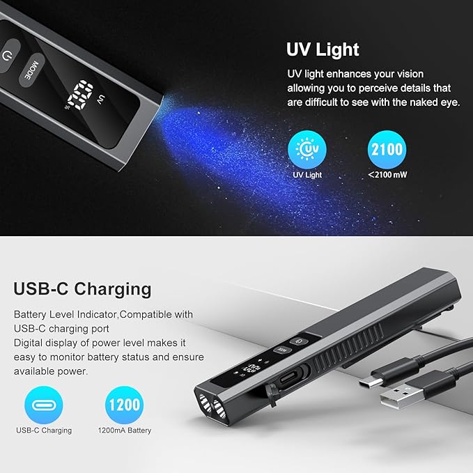 5-in-1 Rechargeable EDC Flat Flashlight, High Lumens Pocket Torch with White LED, Green Beam, UV, Magnetic Base & Clip, Compact Flat Flashlight for Camping, Emergency, Work with Bag (Black)