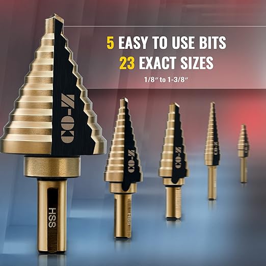 ZELCAN Step Drill Bits, HSS 5PCS Titanium Step Drill Bit Set, 50 Sizes in 5 High Speed Steel Unibit Drill Bits Set for Sheet Metal with Aluminum Case, Multiple Hole Stepped Up Bits for DIY Lovers