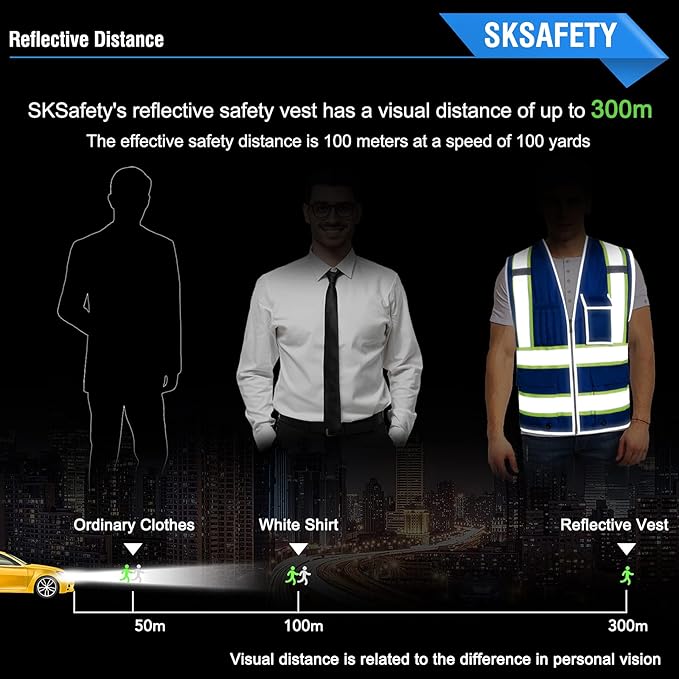 SKSAFETY 10 Pockets Safety Vest, Class 2 High Visibility Security with Zipper, Hi Vis Vest with Reflective Strips, ANSI/ISEA Standard, Construction Work Vest for Men ＆ Women （Blue, 3XL）
