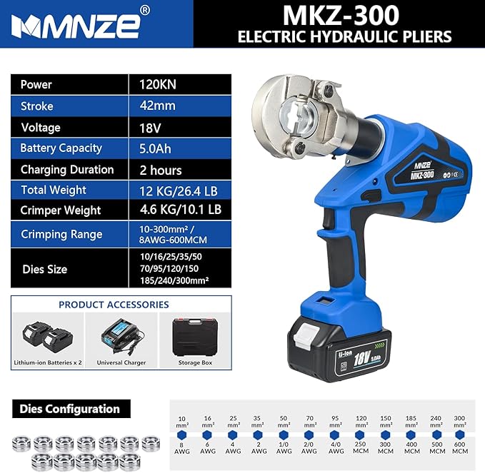 Electric Hydraulic Cable Lug Crimping Tool Range 8 AWG-600 MCM Rechargeable Crimper 6 Ton Electrical Terminal Cable Wire Fiber Crimper Kit with 12 Dies