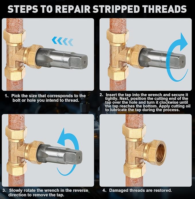 6-Piece NPT Pipe Tap Set, 1", 3/4", 1/2", 3/8", 1/4", 1/8" Taps Threading Tool, Precision Carbon Steel Tap Set Metric and Standard for Clean and Re-Thread Damaged or Jam Pipe Threads in Storage Case