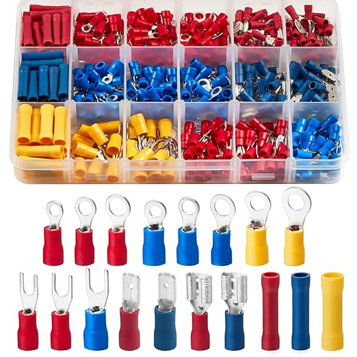Chanzon 200pcs Insulated Crimp Wire Connector Terminal Assortment Contains Ring, Butt Splice, Spade Male & Female, Fork 22-16, 16-14, 12-10 GA Solderless Assorted Kit Electrical Crimping Tools