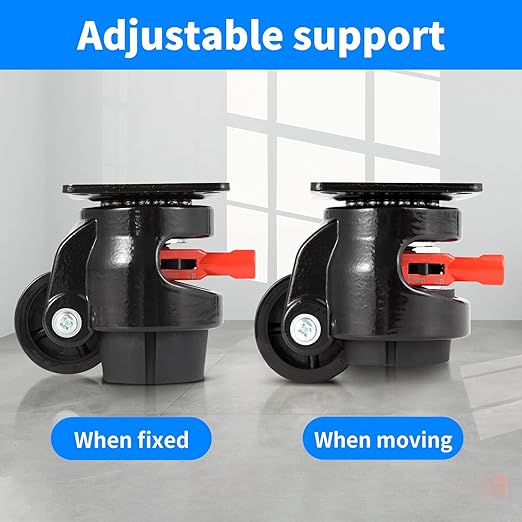 Nefish Heavy Duty Leveling Machine Casters 2200 LBS, Upgraded Ratchet Arm Design Leveling Retractable Castors Set of 4, Aluminum Base & Industrial Grade Rubber Workbench Caster for Industrial, Machine