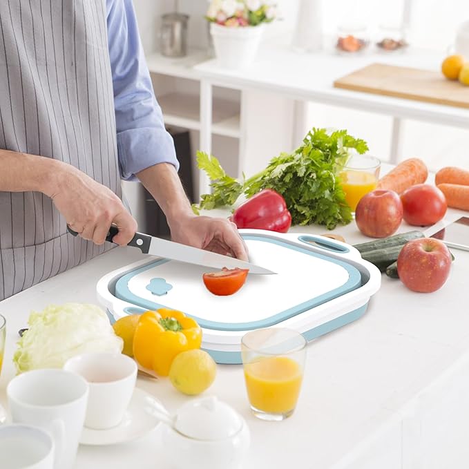 Collapsible Cutting Board,HI NINGER Camping cutting board with knife,Multifunctional Kitchen Vegetable Washing Basket Silicone Dish Tub for Camping Kitchen essentials/bbq prep tub/rv accessories