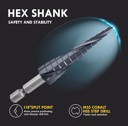 Upgrade M35 Cobalt Step Drill Bit with Ultra TiAIN Coating, 1/8“-1/2” Unibit Step Bit with Double Sprial Flute, 1/4" Hex Shank Drill Bit for Metal, Stainless Steel, Aluminum, Copper, Wood
