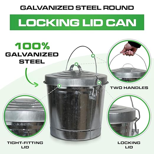 Plexon Metal Trash Can with Locking Lid Outdoor Storage Bucket for Bird Seed Ash 6-Gallon Galvanized Steel 6 Pack