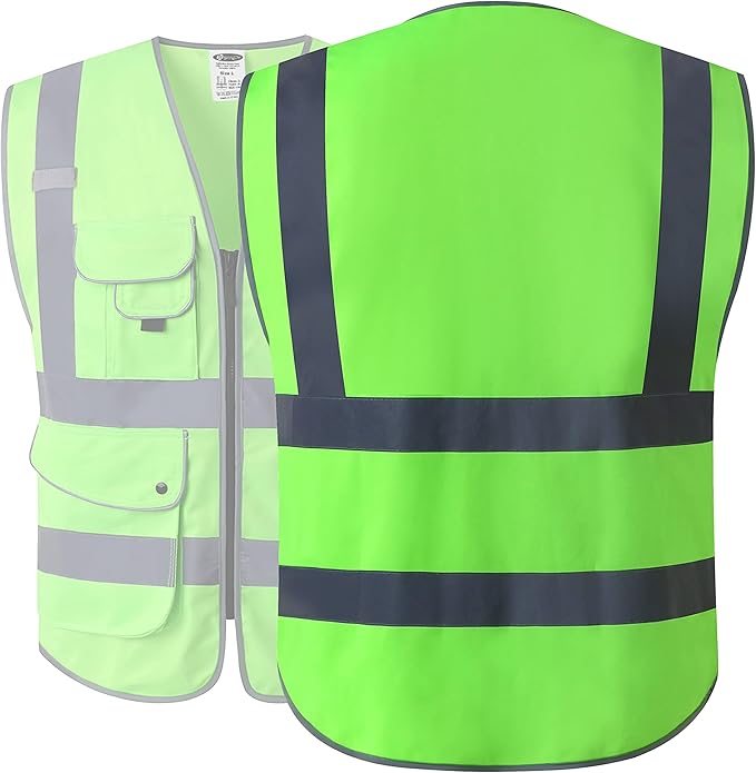 JKSafety 9 Pockets Class 2 High Visibility Zipper Front Safety Vest With Reflective Strips, Meets ANSI/ISEA Standards (150-Green, 4X-Large)