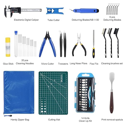 3D Printer Tools Kit, 3D Printing Accessory with 55Pcs Includes Deburring Tool, Caliper, Art Knife Set, Tube Cutter, Storage Bag Suitable for 3D Print Removing, Cleaning