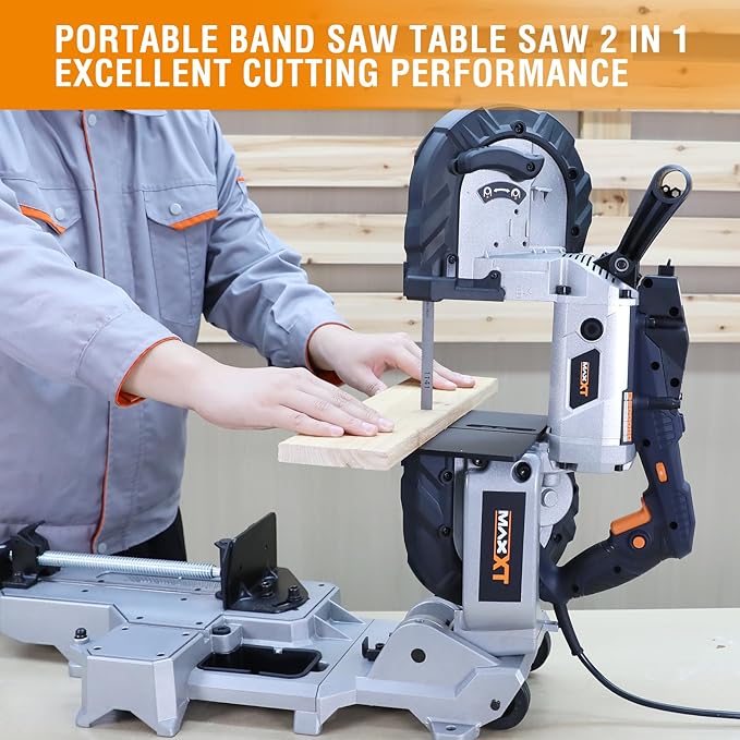 MAXXT Bandsaw with Table Saw, 10 Amp 5 Inch Deep Cut Band Saw with Lightweight Aluminum Base, Variable Speed Handheld Automatic Multipurpose Cut with Wheels Metal Saw, Portable Bandsaws for Metal Wood