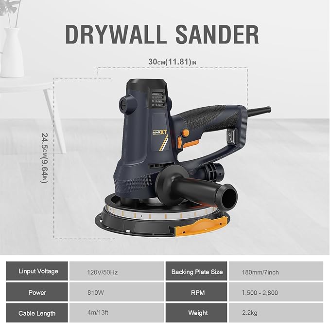 MAXXT Handheld Drywall Sander 810W, Electric Sander for Walls,Rough and fine Sanding, 1500-2800RPM Variable Speed, Upgraded Pad, Adjustable Suction, Self-Dust-Extraction (120, Volts)