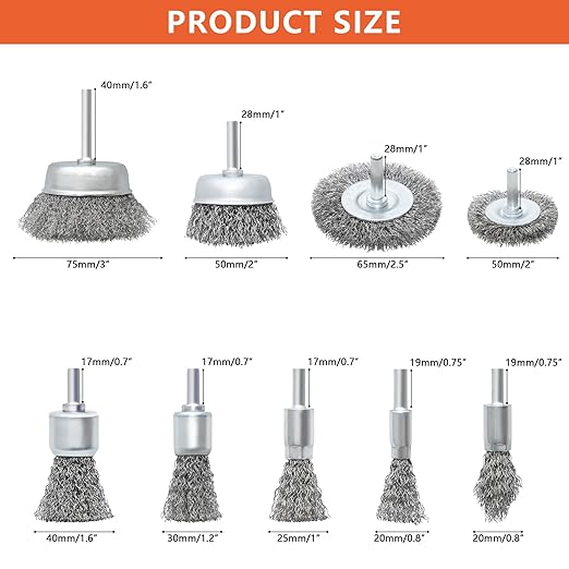 9 Pcs Wire Wheel Brush Set for Drill,Stainless Steel Wire Cup Wheel with 1/4 Inch Shank for Rust Removal, Corrosion and Scrub Surfaces