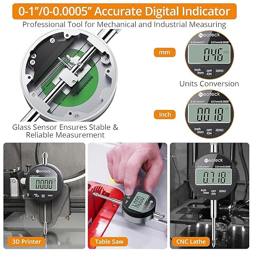 Neoteck Digital Dial Indicator Gauge and Magnetic Base Set with Storage Case 0-1 inch/25.4mm,0.01mm/0.0005" Inch/Metric Conversion Measuring Tool for 3D Printer Lathe Workshop CNC Machine-Black