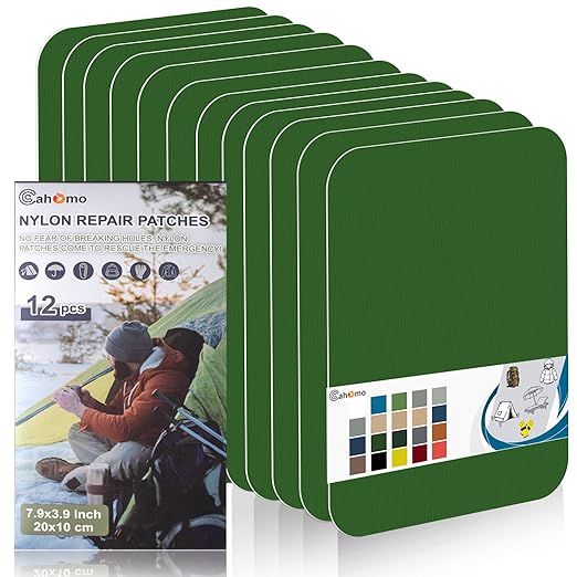 7.9x3.9 inch 12 PCS Nylon Repair Patch Nylon Repair Tape Self Adhesive Fabric Tapes Outdoor Camping Gear Fabric kit for Tent, Umbrella, Down Jackets, Sleeping Bag, Knapsack（Grass Green）