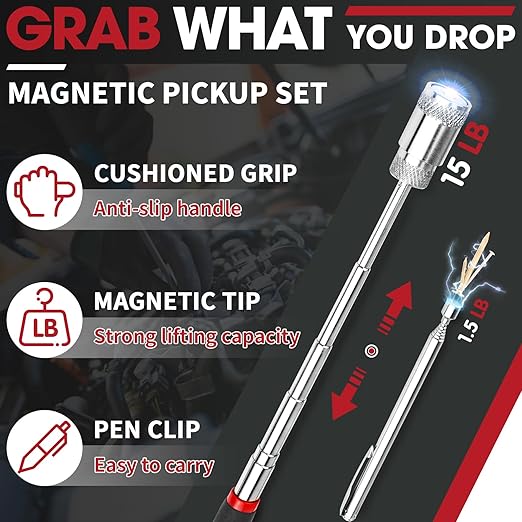 DIYSELF Telescoping Magnetic Pickup Tool, Flexible LED Magnetic Pickup Tool with 360 Swivel Adjustable Inspection Mirror, Telescoping Magnet for Men, Great Gifts for Dad, Husband, 5-in-1 Set