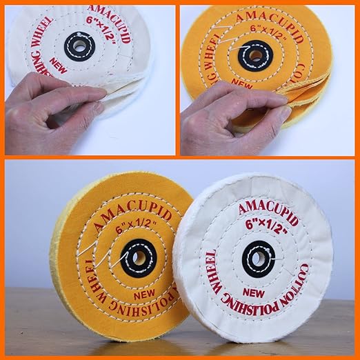 Cotton Buffing Wheel Kit 6 inch. for Bench Grinding Wheel Polishing Machines. Polishes Jewelry, Glass, Tools and More. 1/2 inch Arbor