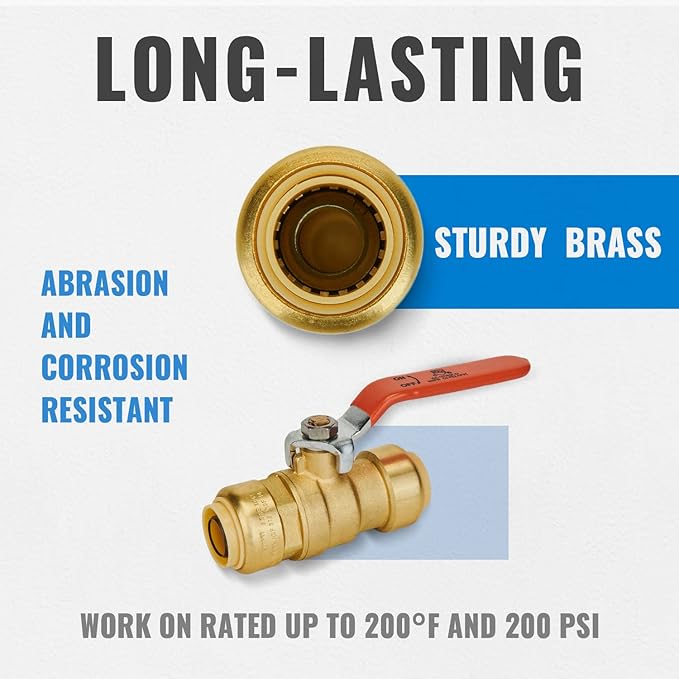 SUNGATOR 3/4 Inch Ball Valve, 3/4" Shut off Valve, No Lead Brass Push-to-Connect Plumbing Fittings, Full-Port Fit for PEX Pipe, Copper, CPVC, PE-RT, Pack of 2