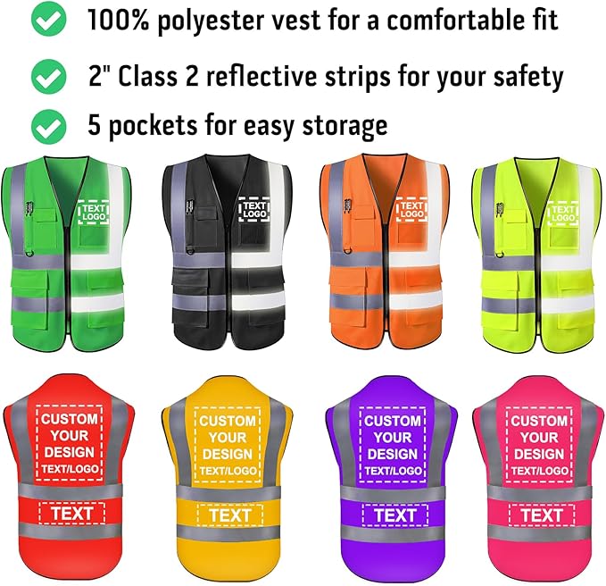 Custom Safety Vest with Logo for Men Women Personalized Class 2 High Visibility Reflective Vests with Pockets Zipper(S-5XL)
