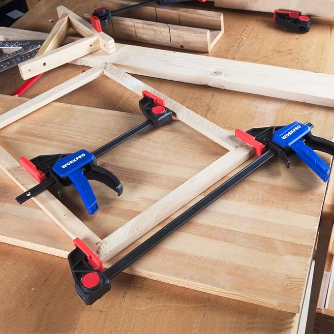 WORKPRO Bar Clamps for Woodworking, 6-Pack One-Handed Clamp/Spreader, 6-Inch (4) and 12-Inch (2) Wood Clamps Set, Light-Duty Quick-Change F Clamp with 150 lbs Load Limit Blue