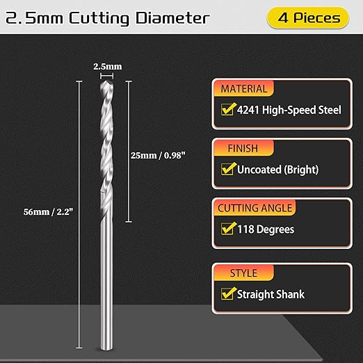 Drill Bit, 2.5mm Cutting Diameter, 4241 HSS 118° Cutting Angle Uncoated Bright Versatile Jobber Bits - (Applications: for Drilling Plastic Wood Soft Metal), 4-Pieces