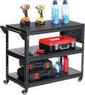 3-Tier Rolling Workbench Heavy Duty Adjustable Metal Tool Work Table with Side Pegboard, Wheels & Push Handle Mobile Workstation for Garage, Warehouse, Kitchen