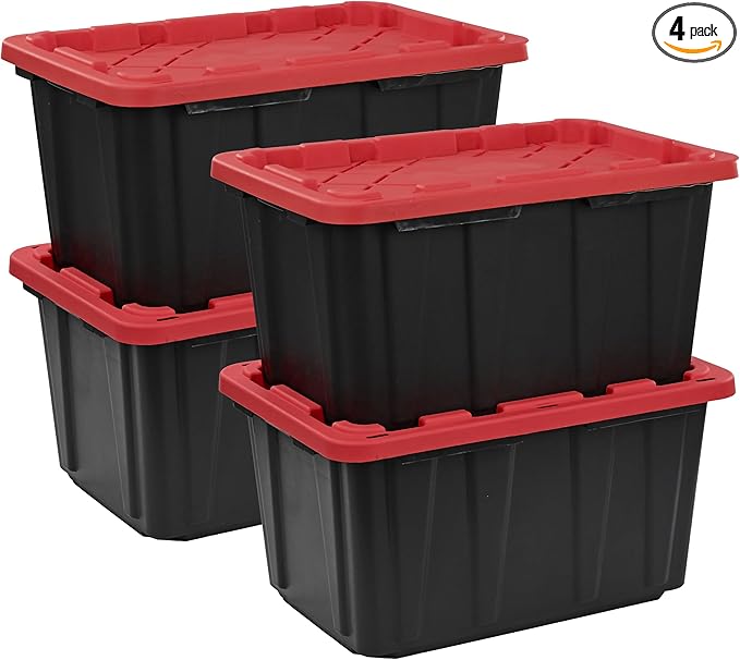 CX BLACK & YELLOW, XTRA TALL 27-Gallon Heavy Duty Tough Storage Container & Snap-Tight Lid, (28.5"L x 19.4"W x 15.2"H), Weather-Resistant Design and Stackable Organization Tote [4 Pack]