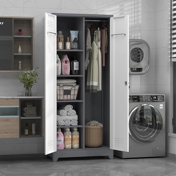 72.8" H Utility Closet Cabinet, Broom Closet Storage Cabinet with Locking Doors, Garage Tool Cabinets with Hanging Rod, Cleaning Storage Cabinets for Garage,Bedroom Office Grey&White