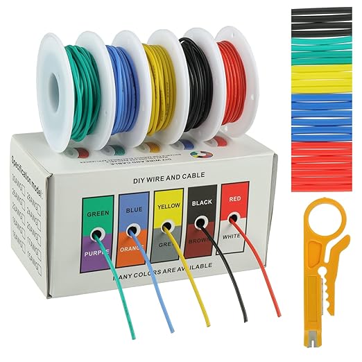 BOJACK 20 AWG Flexible Silicone Wire Electric Wire Hook up Wire Kit 300V Cables with Plus 20 φ3mm Heat Shrink Tubings and a Mini Wire Stripper(5 Colors 19.69Ft Each Color, 20AWG)