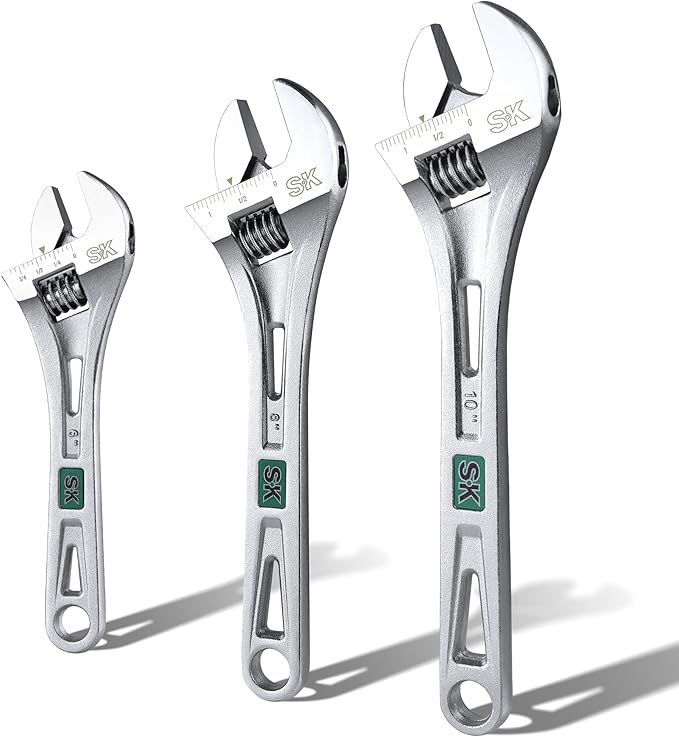 SK 3-Piece Adjustable Wrench Set, 6-Inch, 8-Inch, 10-Inch, Cr-V Steel, SAE & Metric Scales