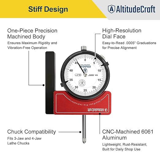Precision Lathe Tool Post Indicator Holder, Dial Indicator (.0005"), CNC Machining Alignment Tool, for Quick Change Tool Post Systems