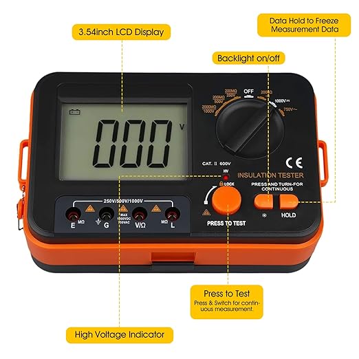 BTMETER Megohmmeter 1000V Insulation Resistance Tester, Electrical Megaohm Meter 200MΩ~2K Megohm Megger with 250V/500V/1000V Testing Voltage, Digital Multimeter Measure AC DC Voltage