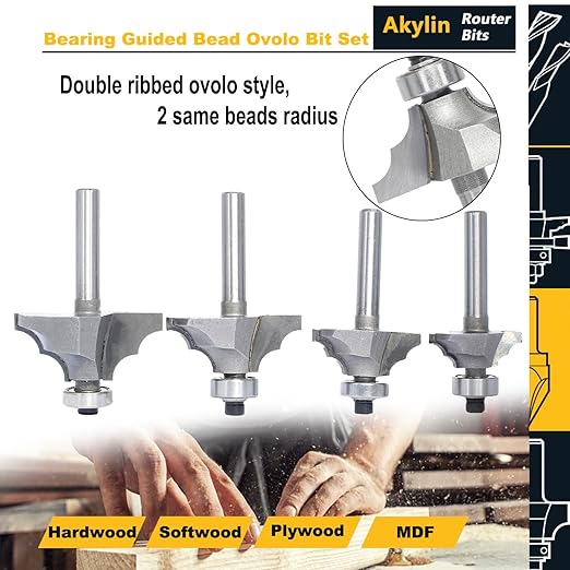 4Pcs Bearing Guided Bead Ovolo Bit Set,1/4" Shank Decorative Edge Bits with Double Round,Rounding Over Radius 3.2mm, 4mm, 5.5mm, 6.35mm, for Wood Profiling,Molding
