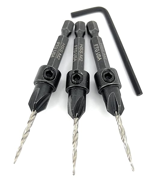 FTG USA Adjustable Wood Countersink Drill Bit Set 3 Pc #4 (7/64"") with Tapered Drill Bits for Woodworking