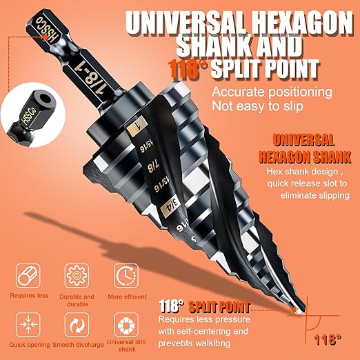 Four Spiral Flute Step Drill Bit for Metal,M35 Cobalt Unibit Step Drill Bit Set 1/4"-1" (30 pcs),Wear-Resistant AlTiN Coated,1/4" Hex Shank for Metal, Stainless Steel, Aluminum, Plastic