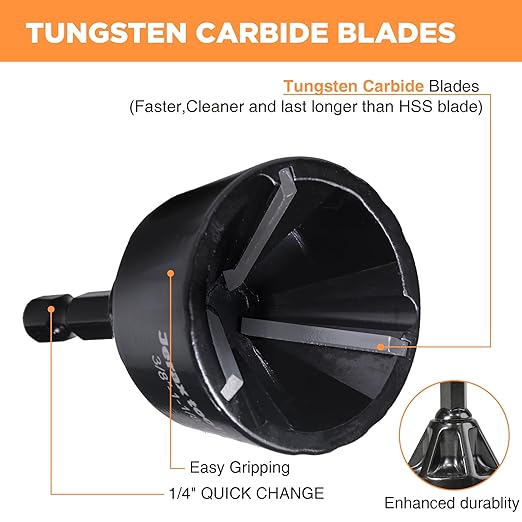 Tungsten Carbide Chamfering Drill Bit 1-1/8" for Removing Burr and Edge Deburring, Quick Release Hex Shank Deburring Tool for Metal Rod, Tube, Screw, Dowel, Sheet, Copper/PVC Pipe