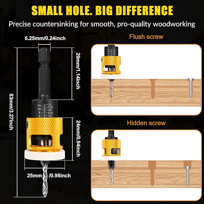 5PCS Countersink Drill Bit Set, Low Friction Depth Stop, 1/8 9/64" 5/32" Drill + 3/8” 82° Counter-Bore, 11/64" 3/16" Drill + 1/2" 82° Counter-Bore, 1/4" Hex Shank, for Woodworking, with Storage Box